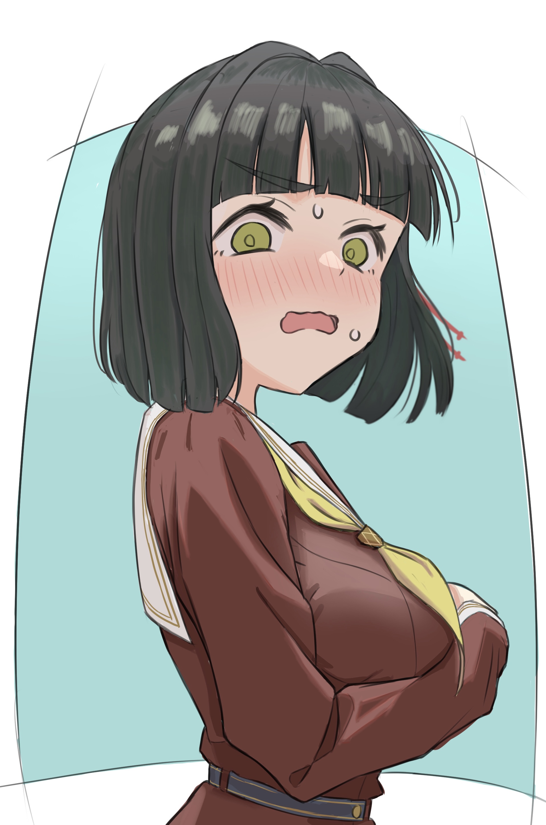 wotan (wotandesu), momose ginko, link! like! love live!, love live!, absurdres, commentary, highres, 1girl, aqua background, black hair, blunt bangs, blunt ends, blush, bob cut, border, breasts, brown dress, dress, hasu no sora school uniform, large breasts, long sleeves, looking at viewer, neckerchief, nervous sweating, nose blush, open mouth, outside border, pleated dress, sailor collar, sailor dress, school uniform, simple background, solo, sweat, upper body, v-shaped eyebrows, virtual youtuber, wavy mouth, white border, white sailor collar, winter uniform, yellow neckerchief