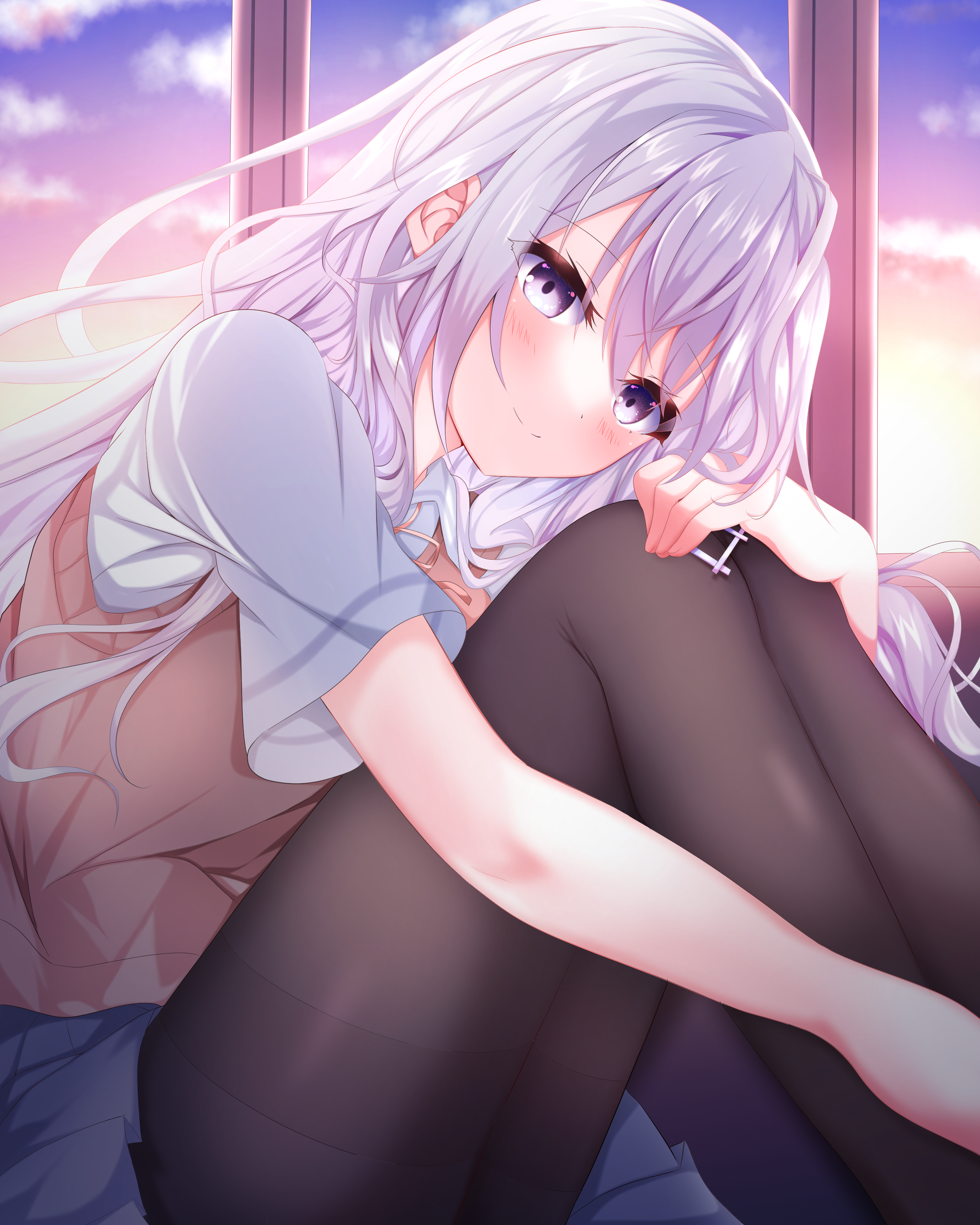 koyo aki (vtvd5277), absurdres, commentary, highres, 1girl, asuka-san wa nabikanai, backlighting, black pantyhose, blue skirt, blush, closed mouth, day, eyelashes, eyes visible through hair, feet out of frame, floating hair, grey eyes, grey hair, hair between eyes, hand on own knee, hugging own legs, indoors, knees up, leaning forward, long hair, miniskirt, pantyhose, pleated skirt, shirt, shishidou asuka, short sleeves, sitting, skirt, smile, solo, split mouth, sweater vest, thighband pantyhose, thighs, very long hair, white shirt, window, yellow sweater vest