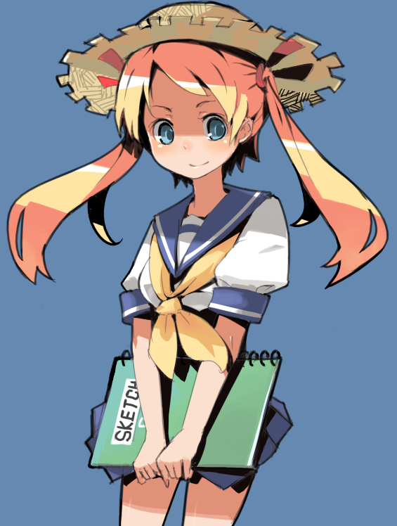 smarttiger, bad id, bad pixiv id, 1girl, blonde hair, blue eyes, book, female focus, hat, long hair, school uniform, serafuku, simple background, sketchbook, smile, solo, straw hat, twintails