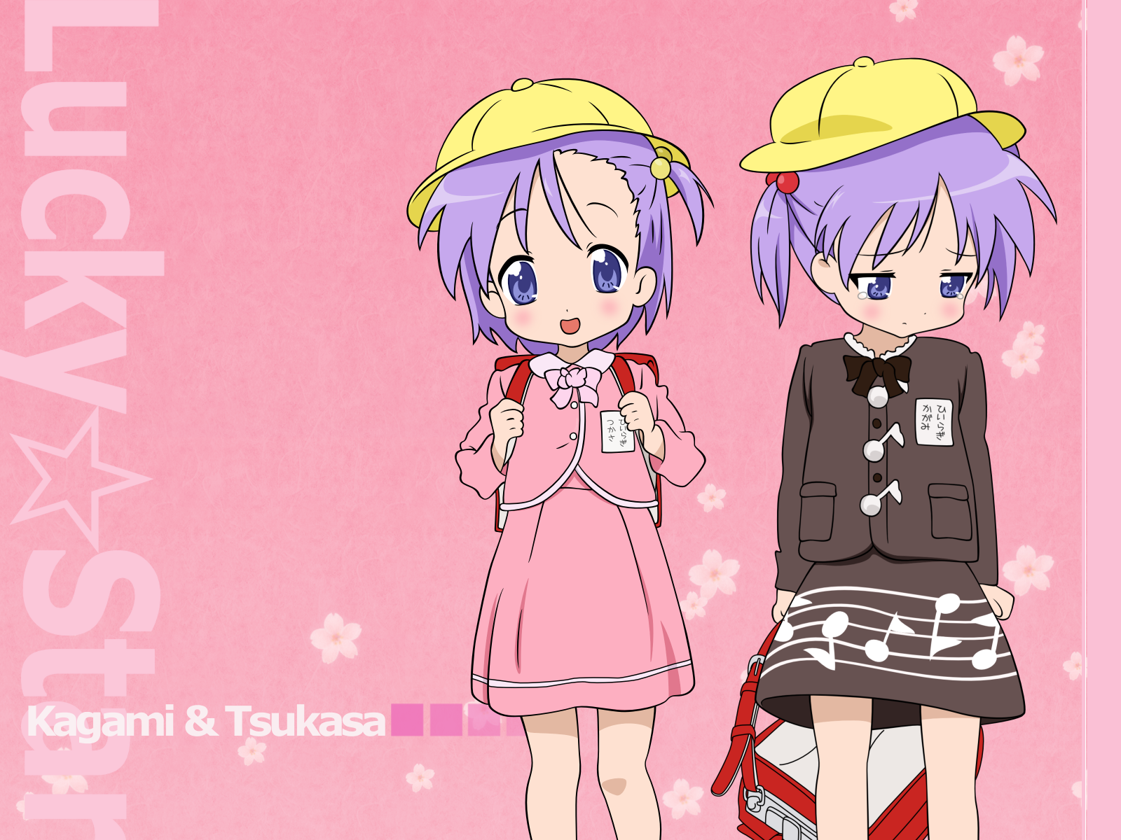 hiiragi kagami, hiiragi tsukasa, lucky star, highres, tagme, 00s, 2girls, aged down, backpack, bag, blue eyes, child, crying, dress, hair bobbles, hair ornament, hat, looking at viewer, multiple girls, pink background, purple hair, randoseru, siblings, sisters, standing, twins, twintails