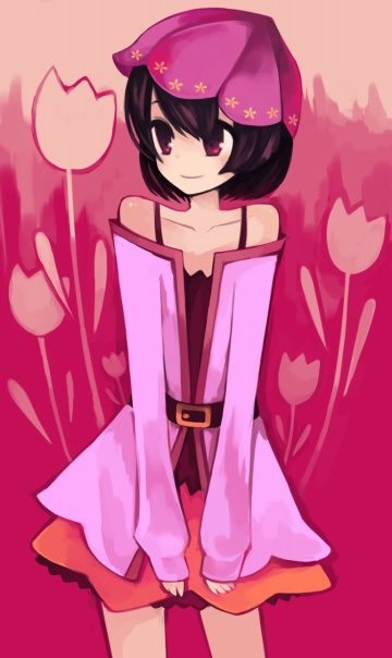 koucha, yoshitomo (koucha), bad id, bad pixiv id, brown hair, fashion, flower, hat, pink eyes, short hair, smile, solo