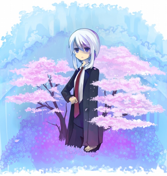 koucha, yoshitomo (koucha), bad id, bad pixiv id, gender request, androgynous, blue eyes, cherry blossoms, necktie, school uniform, serafuku, short hair, solo, white hair