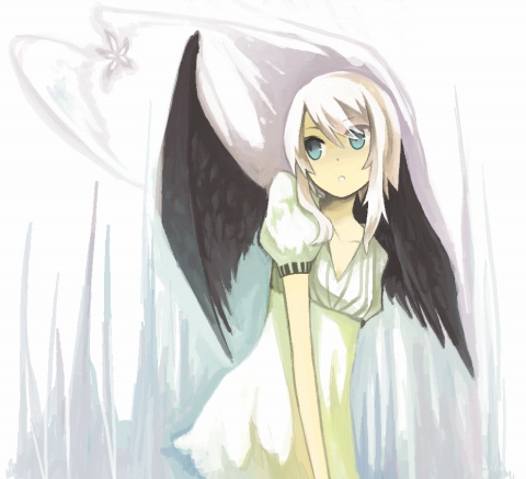 koucha, yoshitomo (koucha), bad id, bad pixiv id, lowres, black wings, blue eyes, short hair, solo, white hair, wings