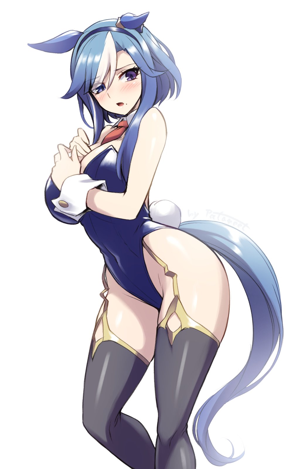 pataneet, umamusume, character request, highres, 1girl, animal ears, black thighhighs, blue leotard, blush, breasts, cowboy shot, embarrassed, hair between eyes, horse ears, horse girl, horse tail, large breasts, leotard, looking at viewer, purple eyes, solo, strapless, strapless leotard, tail, thigh strap, thighhighs, white background