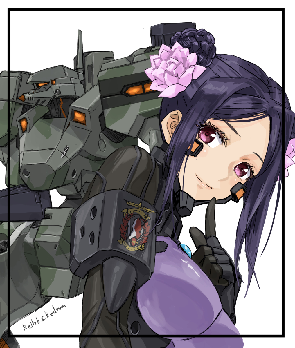 jun (rellik & redrum), pham thi ran, muv-luv, muv-luv alternative, schwarzesmarken, highres, black gloves, bodysuit, breasts, double bun, gloves, hair bun, looking at viewer, lotus hair ornament, mecha, purple bodysuit, purple hair, robot, white background