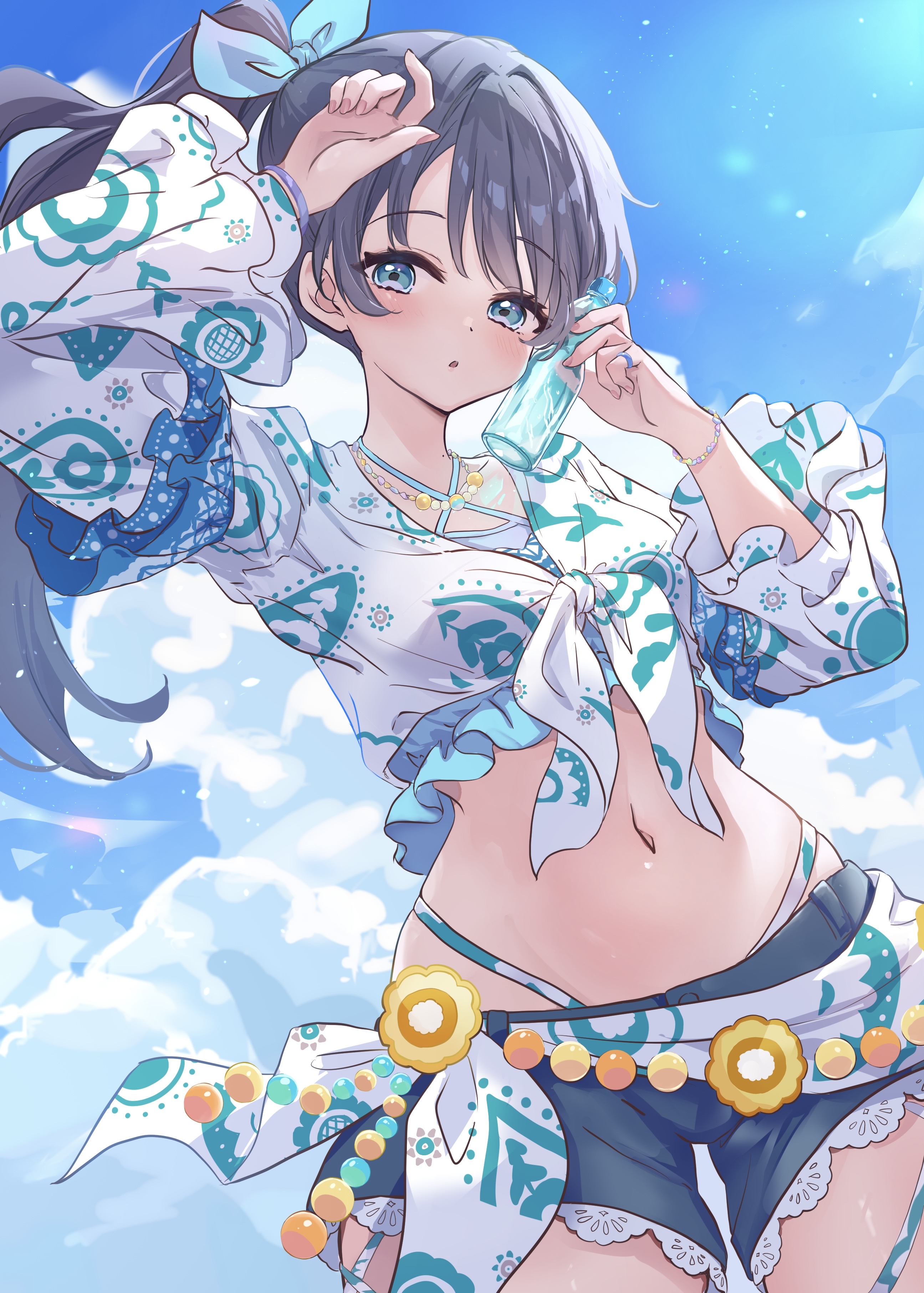 nekomaru nisei, murano sayaka, link! like! love live!, love live!, absurdres, commentary request, highres, 1girl, :o, aqua bikini, bikini, blue bikini, blue eyes, blue shorts, blue sky, blush, bottle, breasts, cloud, cowboy shot, day, drink, highleg, highleg bikini, holding, holding bottle, holding drink, long hair, looking at viewer, medium breasts, natsumeki pain, navel, official alternate costume, outdoors, parted lips, ponytail, ramune, short shorts, shorts, sky, solo, stomach, swimsuit, three-quarter sleeves, virtual youtuber