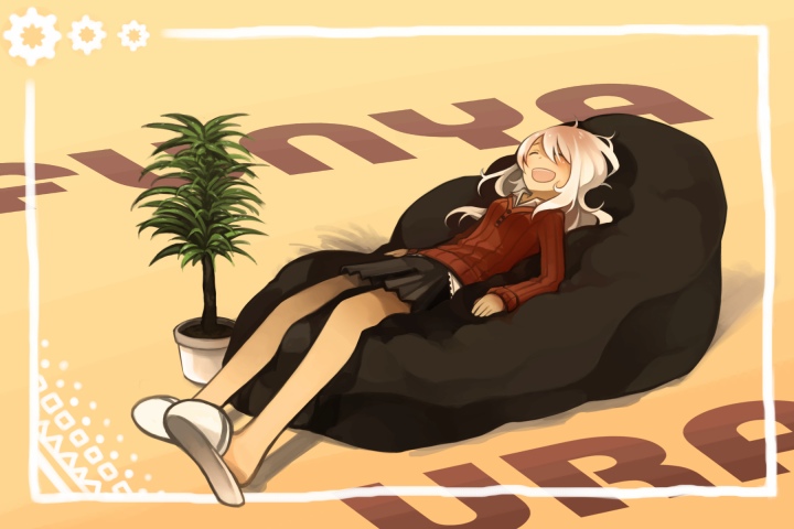 koucha, yoshitomo (koucha), bad id, bad pixiv id, 1girl, bean bag chair, bonsai, closed eyes, couch, female focus, happy, long hair, lying, slippers, solo, sweater, white hair