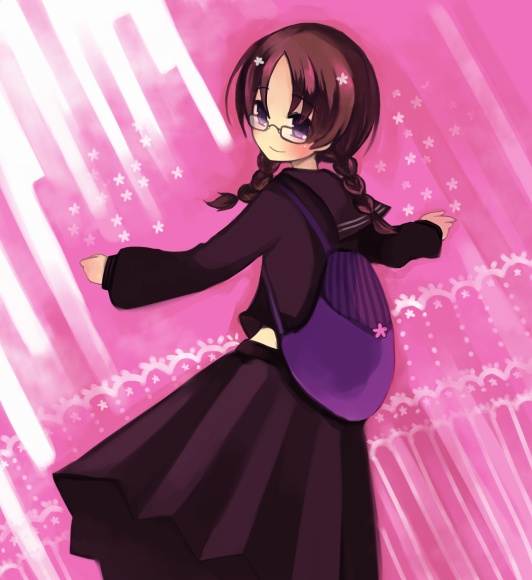 koucha, yoshitomo (koucha), bad id, bad pixiv id, 1girl, bag, braid, brown hair, female focus, glasses, long hair, long skirt, purple eyes, school uniform, serafuku, skirt, smile, solo, spinning, twin braids