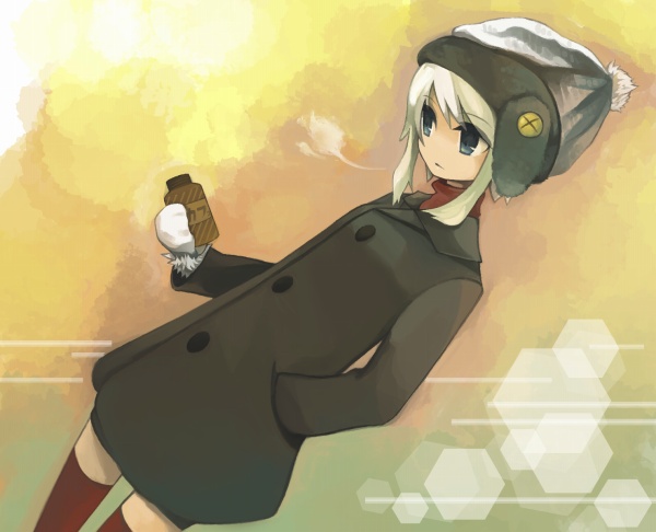 koucha, yoshitomo (koucha), bad id, bad pixiv id, blue eyes, breath, cold, earmuffs, gloves, hat, short hair, solo, thighhighs, white hair