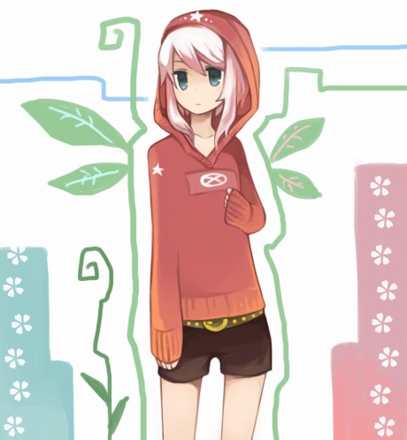 koucha, yoshitomo (koucha), ezomori nozomu, kanokon, bad id, bad pixiv id, gender request, lowres, 00s, androgynous, blue eyes, hood, pink hair, short hair, shorts, solo