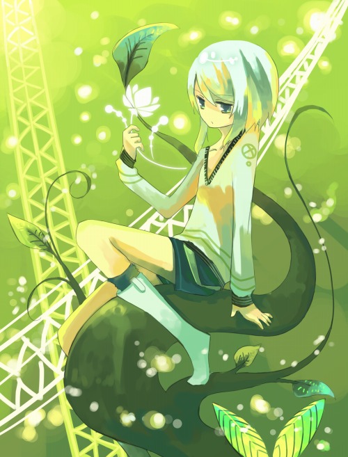 koucha, yoshitomo (koucha), bad id, bad pixiv id, blue eyes, boots, flower, green theme, leaf, nature, petals, short hair, sitting, solo, white hair