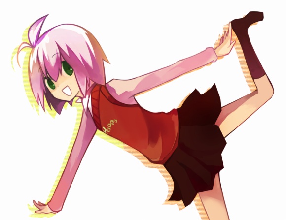 koucha, yoshitomo (koucha), bad id, bad pixiv id, ahoge, green eyes, happy, pink hair, short hair, skirt, socks, solo
