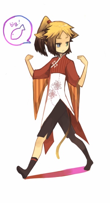 koucha, yoshitomo (koucha), bad id, bad pixiv id, animal ears, blonde hair, heterochromia, ponytail, short hair, socks, solo, tail, walking
