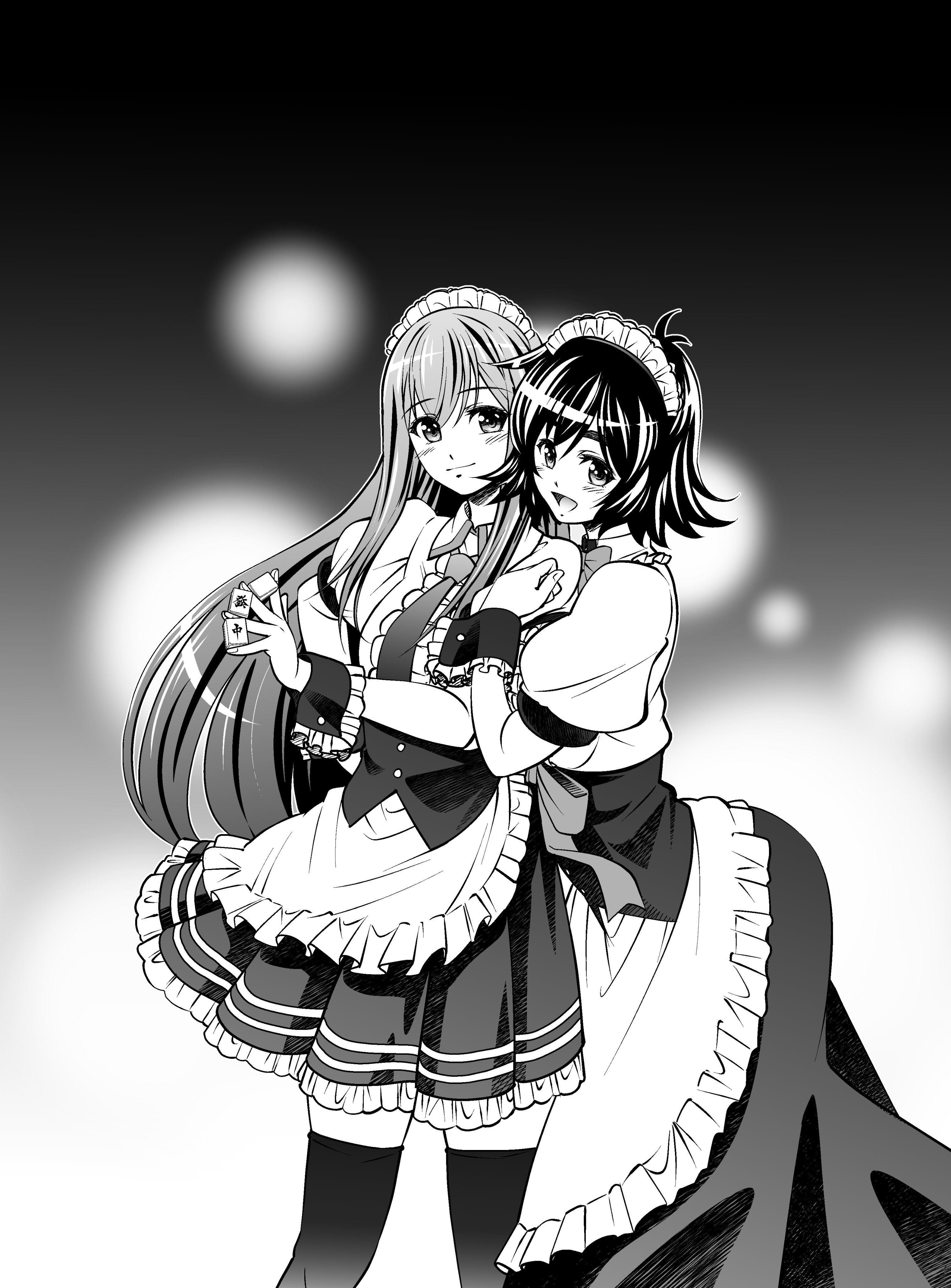 eibon, makise kurisu, shiina mayuri, science adventure, steins;gate, shiny eyes, absurdres, highres, 2girls, alternate costume, apron, black thighhighs, blush, bob cut, bow, bowtie, dress, enmaided, frilled dress, frills, greyscale, hair ornament, hug from side, long hair, maid, maid headdress, monochrome, multiple girls, necktie, open mouth, poker, puffy short sleeves, puffy sleeves, short hair, short sleeves, smile, thighhighs, tongue, waist apron