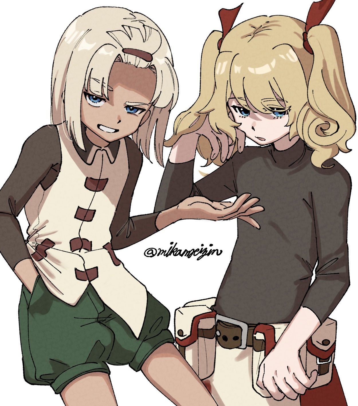 mikamseizin, fortress (sekaiju), fortress 2 (sekaiju), sniper (sekaiju), sniper 4 (sekaiju), etrian odyssey, sekaiju no meikyuu, sekaiju no meikyuu 4, highres, 2boys, belt, belt pouch, black shirt, blonde hair, blue eyes, cowboy shot, genderswap, genderswap (ftm), green shorts, grin, hand in pocket, long sleeves, multiple boys, pouch, shirt, shorts, smile, twintails, vest, white vest