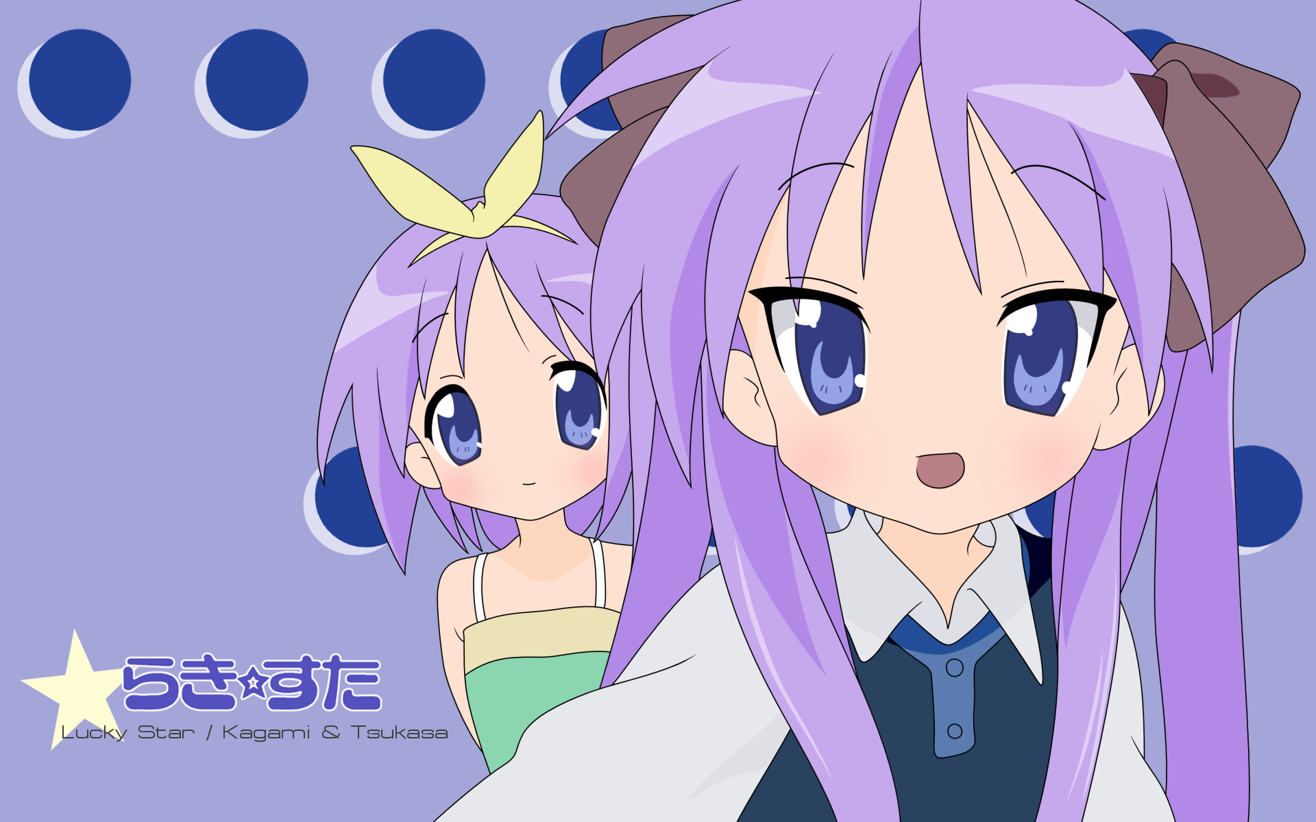 hiiragi kagami, hiiragi tsukasa, lucky star, highres, tagme, 00s, 2girls, blue eyes, blush, hair ribbon, hairband, long hair, looking at viewer, multiple girls, open mouth, purple hair, short hair, sisters, tongue, twins, twintails, upper body
