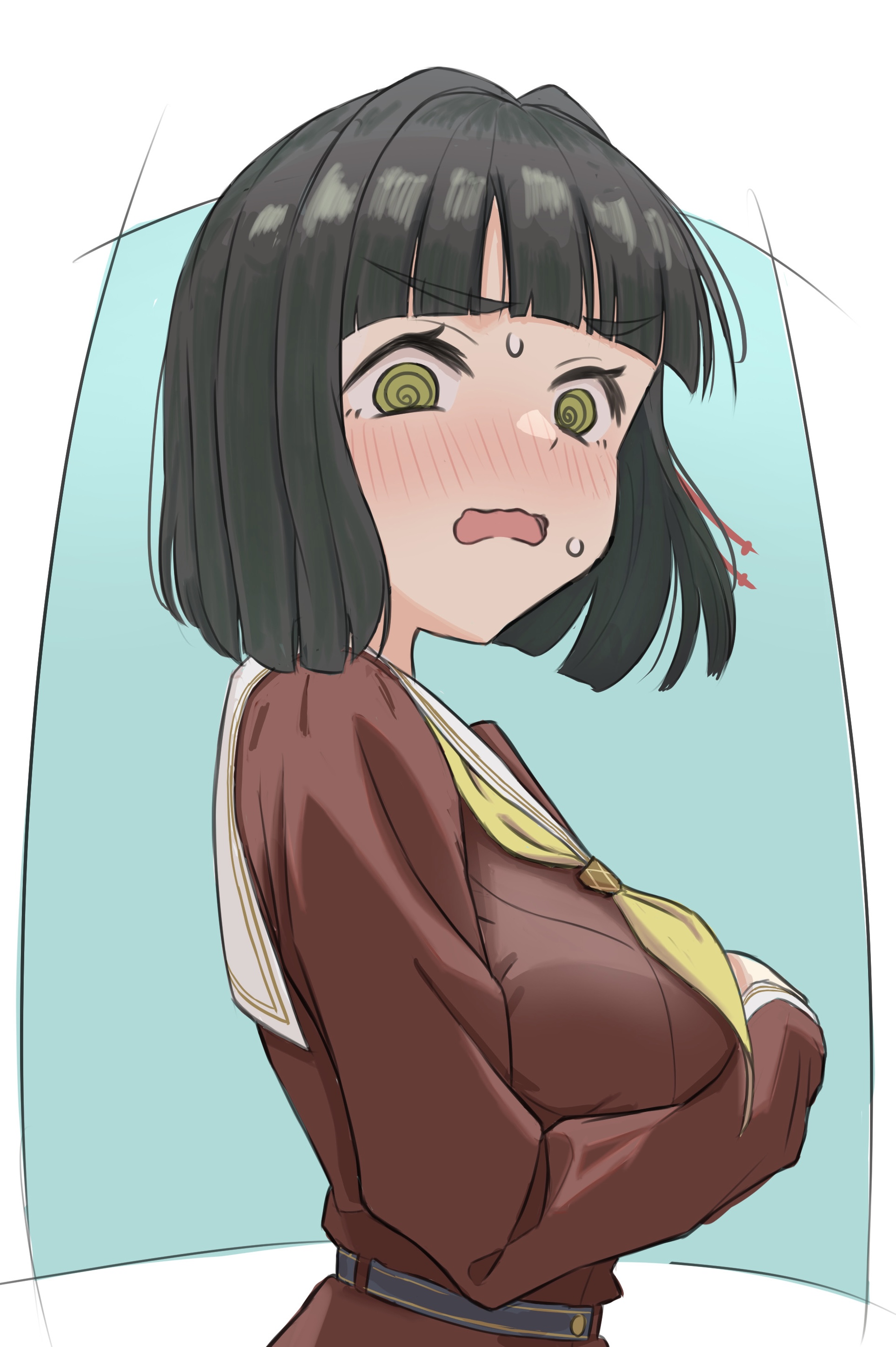 wotan (wotandesu), momose ginko, link! like! love live!, love live!, absurdres, commentary, highres, revision, 1girl, @ @, aqua background, black hair, blunt bangs, blunt ends, blush, bob cut, border, breasts, brown dress, dress, hasu no sora school uniform, large breasts, long sleeves, looking at viewer, neckerchief, nervous sweating, nose blush, open mouth, outside border, pleated dress, sailor collar, sailor dress, school uniform, simple background, solo, sweat, upper body, v-shaped eyebrows, virtual youtuber, wavy mouth, white border, white sailor collar, winter uniform, yellow neckerchief