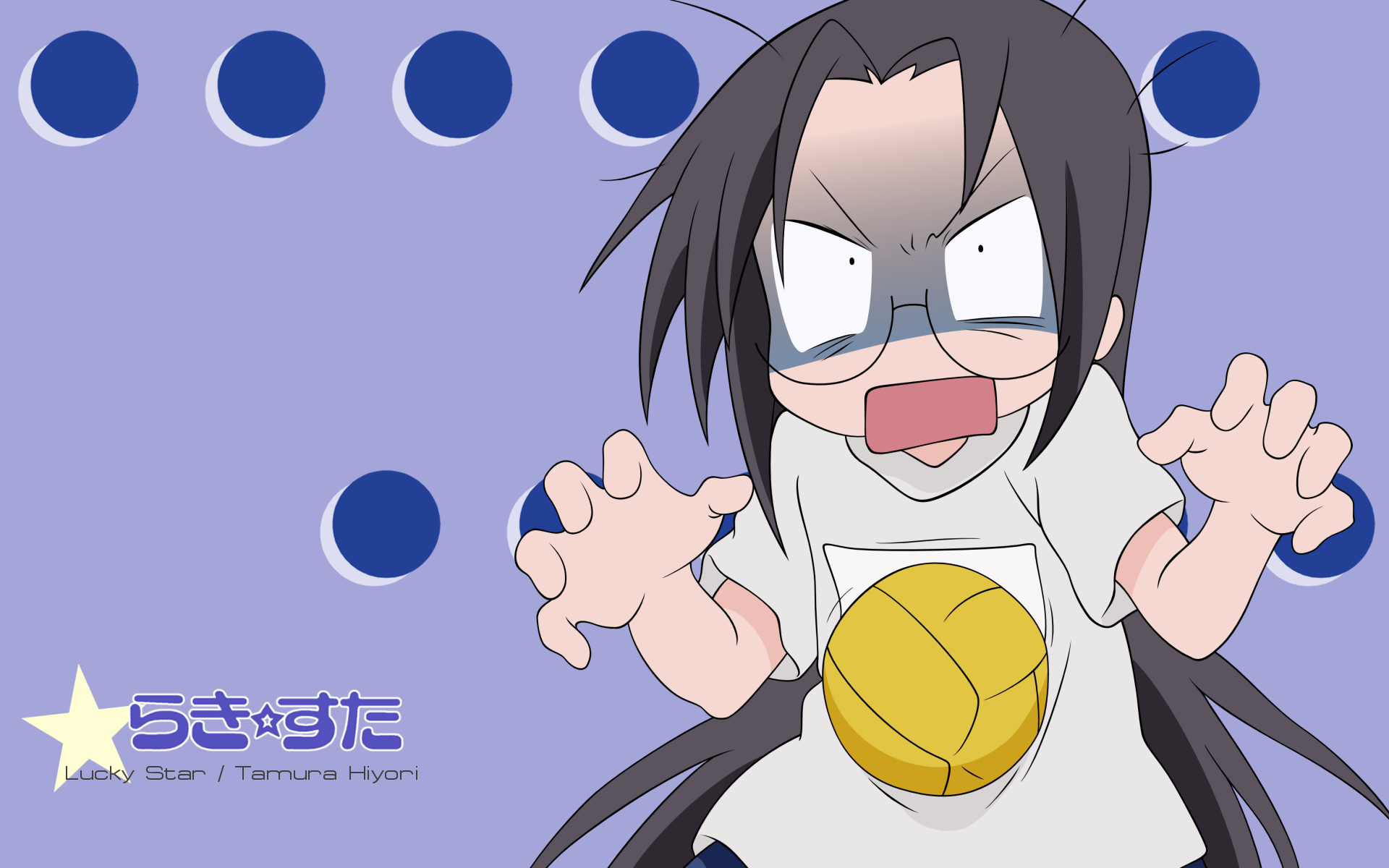 tamura hiyori, lucky star, artist request, highres, non-web source, …, 00s, 1girl, ball, black hair, character name, copyright name, glasses, gym uniform, long hair, open mouth, pain, playing sports, shaded face, volleyball, volleyball (object)