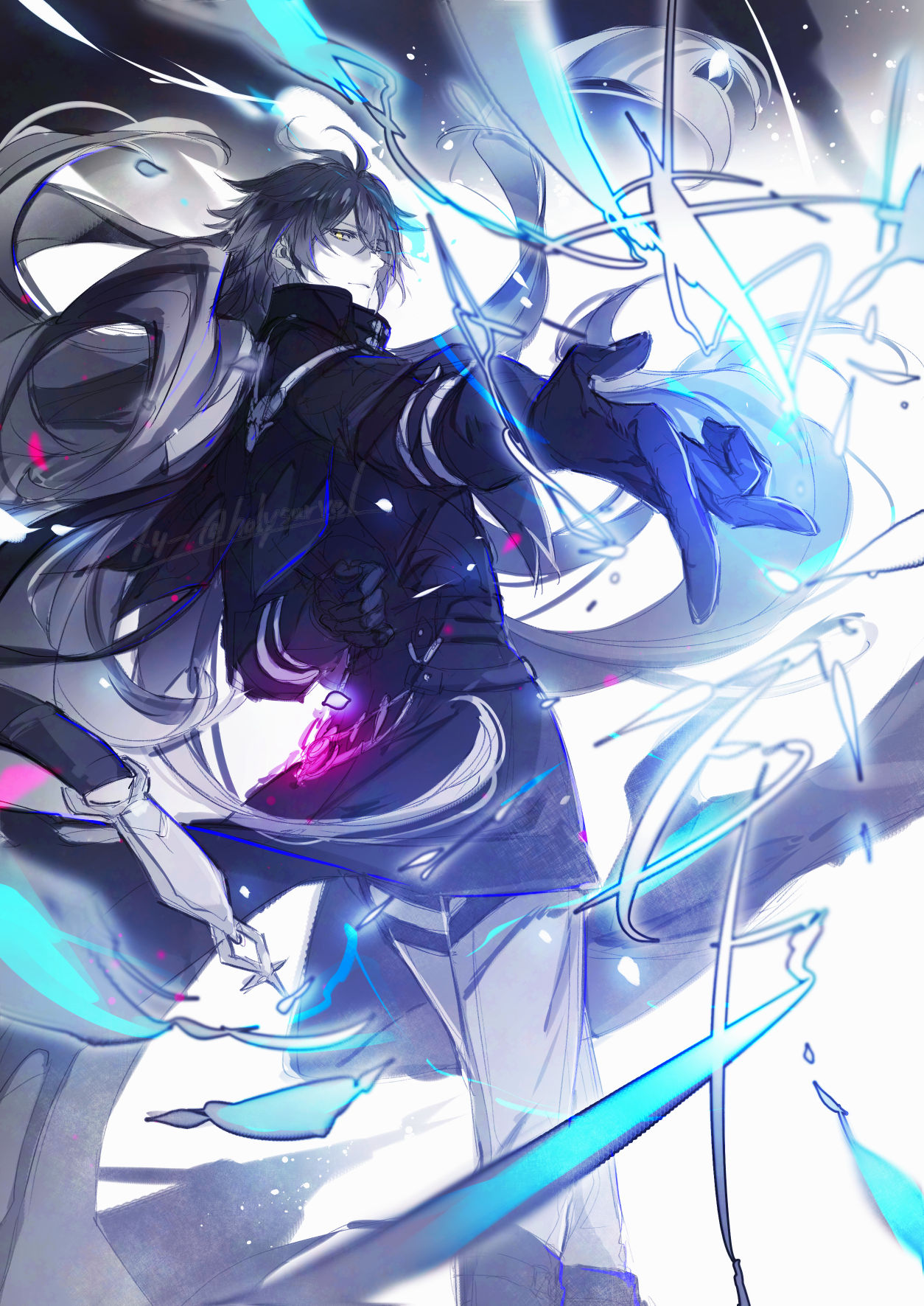 merry (secilhodoshima), flins (genshin impact), genshin impact, hashtag-only commentary, highres, 1boy, ahoge, antenna hair, arm behind back, arm up, bags under eyes, black coat, black gloves, black hair, coat, electricity, from side, gloves, glowing, glowing eyes, gradient background, grey pants, hair between eyes, long hair, long sleeves, looking at viewer, looking to the side, pants, reaching, reaching towards viewer, shade, shaded face, solo, standing, upper body, white background, yellow eyes