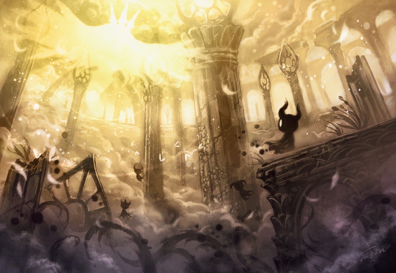 mamoru mikokoro, knight (hollow knight), radiance (hollow knight), shade (hollow knight), hollow knight, 1girl, 4others, blank eyes, cloak, cloud, crown, glowing, horns, multiple others, nail (hollow knight), white eyes, wings