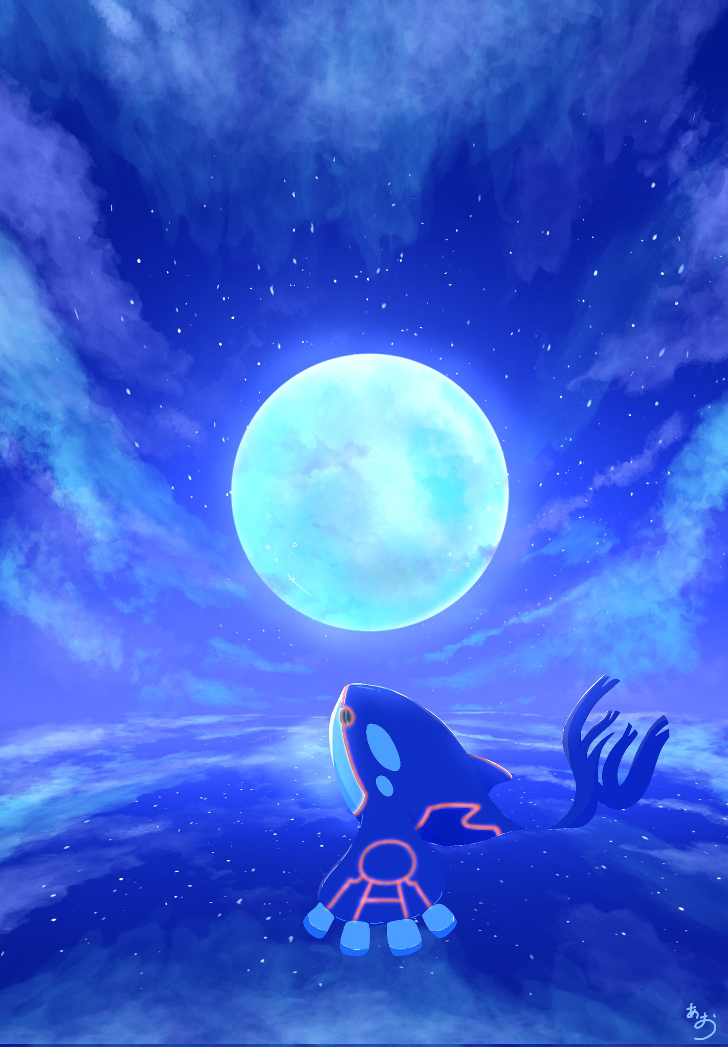 natu a0z0ra, kyogre, nintendo, pokemon, highres, closed eyes, closed mouth, cloud, full moon, gen 3 pokemon, legendary pokemon, moon, night, night sky, no humans, ocean, outdoors, pokemon (creature), pokemon focus, reflection, reflective water, sky, solo, star (sky), water
