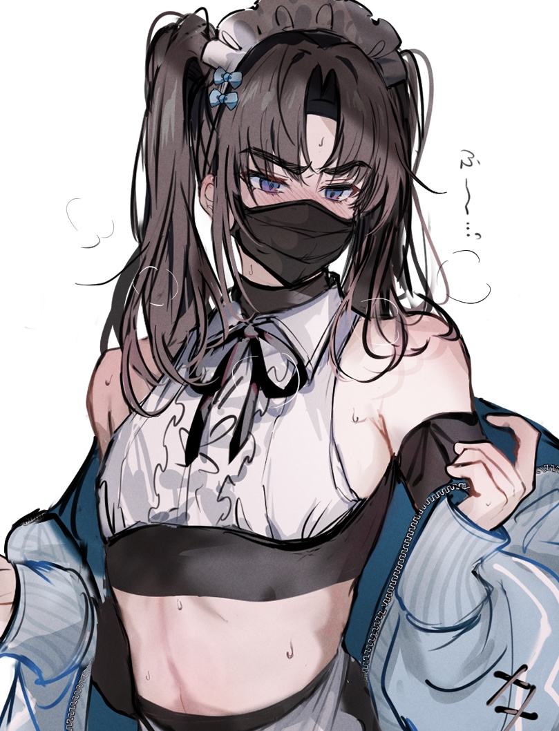 imamiya pinoko, original, 1boy, ayase ayato (imamiya pinoko), black hair, black mask, brown hair, crossdressing, crossdressing (mtf), long hair, maid, maid headdress, male focus, male maid, mask, midriff, mouth mask, purple eyes, sleeveless, solo, surgical mask, sweat, thick eyebrows, trap, twintails, white background