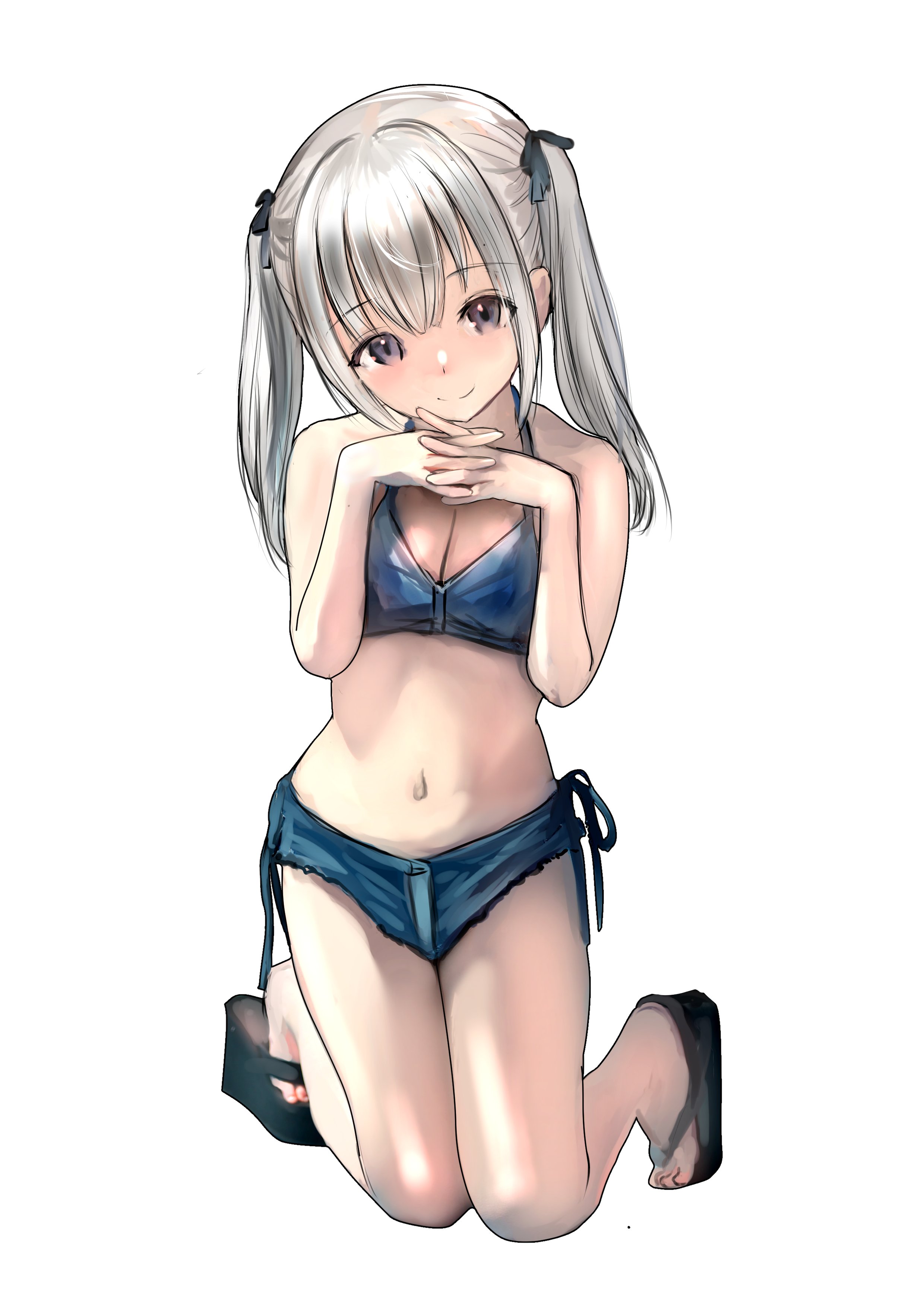 emutsuichi, original, absurdres, commentary, highres, 1girl, bare shoulders, bikini, blue bikini, blush, bow, breasts, cleavage, closed mouth, full body, grey eyes, hair bow, hair ribbon, long hair, looking at viewer, medium breasts, navel, ribbon, sandals, simple background, smile, solo, stomach, swimsuit, twintails, white background, white hair
