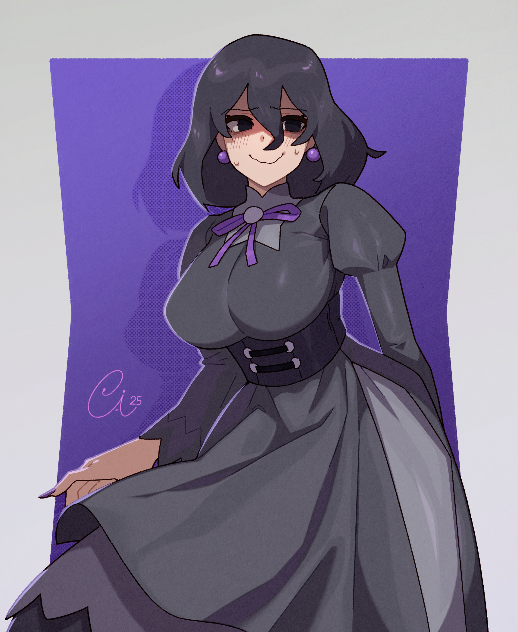 sleepcatz, hex maniac (pokemon), nintendo, pokemon, pokemon legends: z-a, commentary request, highres, 1girl, alternate breast size (larger), black eyes, black hair, breasts, closed mouth, dress, earrings, grey dress, hair between eyes, jewelry, large breasts, light blush, long sleeves, medium hair, nail polish, purple background, signature, smile, solo, sweat