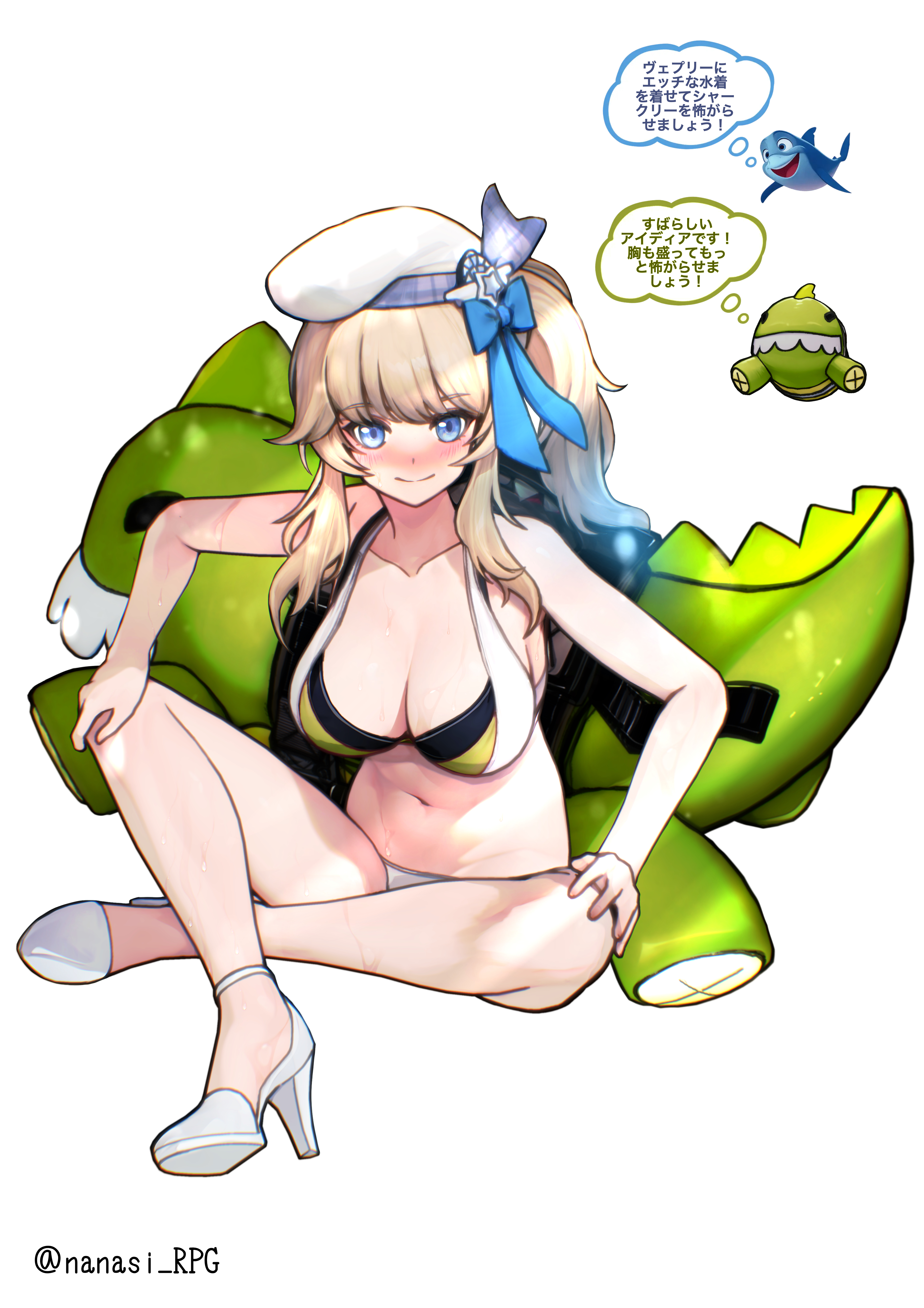 meimushi, mr. pizza (girls' frontline 2), vepley (girls' frontline 2), girls' frontline, girls' frontline 2: exilium, absurdres, commentary request, highres, translation request, 1girl, beret, bikini, blonde hair, blue bow, blue eyes, blush, bow, breasts, cleavage, full body, hair bow, hat, high heels, knee up, leaning forward, long hair, looking at viewer, medium breasts, navel, side ponytail, sidelocks, sitting, smile, solo, stomach, swimsuit