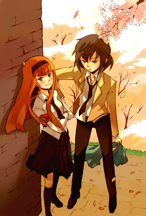 gwayo, gwayom, omyo, original, 1boy, 1girl, cherry blossoms, cigarette, hairband, long hair, necktie, red hair, school uniform, serafuku, smile, smoking, wind