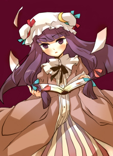 gwayo, gwayom, omyo, patchouli knowledge, touhou, bad id, bad pixiv id, 1girl, blush, book, bow, bowtie, braid, female focus, hair ribbon, hat, long hair, purple eyes, purple hair, ribbon, solo, twin braids