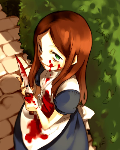 gwayo, gwayom, omyo, alice (alice in wonderland), alice liddell (american mcgee's alice), alice's adventures in wonderland, american mcgee's alice, bad id, bad pixiv id, lowres, 1girl, animification, blood, blood on face, brown hair, crazy eyes, female focus, green eyes, knife, long hair, smile, solo