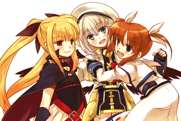 gwayo, gwayom, omyo, fate testarossa, fate testarossa (lightning form), takamachi nanoha, takamachi nanoha (sacred mode), yagami hayate, lyrical nanoha, mahou shoujo lyrical nanoha, mahou shoujo lyrical nanoha a's, bad id, bad pixiv id, 00s, 3girls, belt, blonde hair, blue eyes, blush, cape, fingerless gloves, gloves, hair ornament, hair ribbon, hat, hug, jacket, long hair, magical girl, multiple girls, open clothes, open jacket, purple eyes, red eyes, red hair, ribbon, short hair, smile, twintails, unison (nanoha), waist cape, white hair, wings, x hair ornament