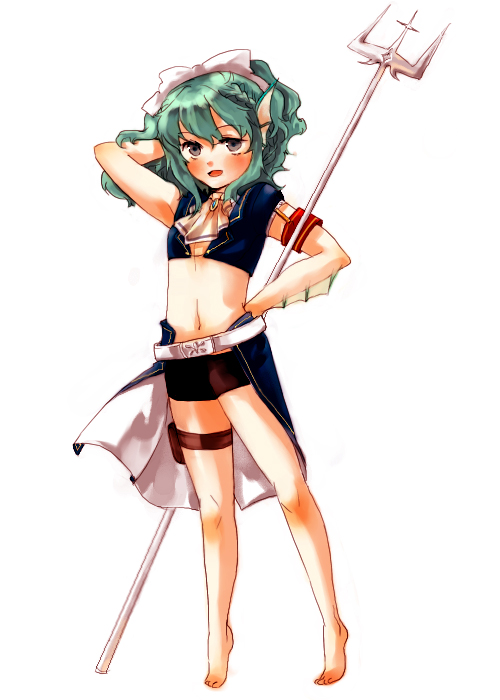 gwayo, gwayom, omyo, 1girl, barefoot, blush, feet, female focus, fins, flat chest, green hair, hair ribbon, long hair, midriff, polearm, ribbon, simple background, solo, spear, tiptoes, trident, weapon, white background