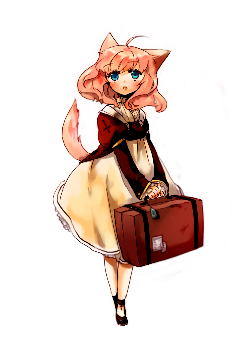 gwayo, gwayom, omyo, luggage, 1girl, animal ears, blue eyes, blush, dress, female focus, long hair, pink hair, simple background, solo, tail, white background