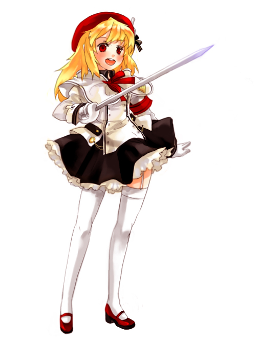 gwayo, gwayom, omyo, 1girl, blonde hair, female focus, garter belt, hat, long hair, red eyes, simple background, solo, sword, thighhighs, weapon, white background