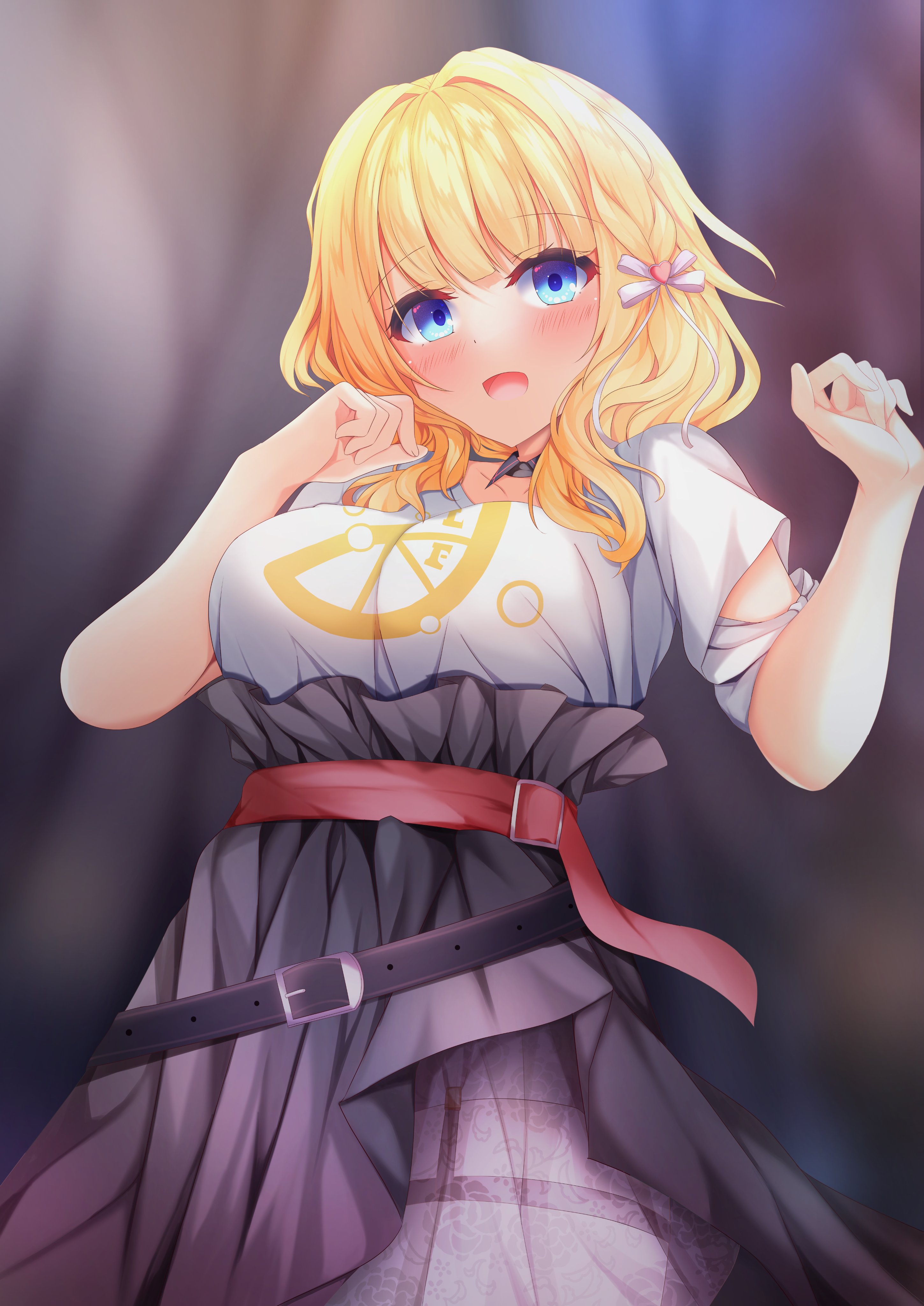 koyo aki (vtvd5277), absurdres, commentary request, highres, 1girl, :d, belt, black belt, black skirt, blonde hair, blue eyes, blunt bangs, blurry, blurry background, blush, bow, breasts, clenched hands, cowboy shot, eyelashes, floral print, hair bow, hair intakes, hair ornament, hands up, heart, heart hair ornament, high-waist skirt, large breasts, limelight lemonade jam, looking at viewer, medium hair, open mouth, red belt, rose print, shimakoshi tsukimi, shirt, short sleeves, skirt, smile, solo, wavy hair, white bow, white shirt