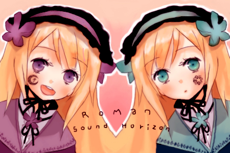 gwayo, gwayom, omyo, hortense (sound horizon), violette (sound horizon), roman (sound horizon), sound horizon, lowres, 2girls, blonde hair, blue eyes, gothic lolita, lolita fashion, long hair, multiple girls, purple eyes