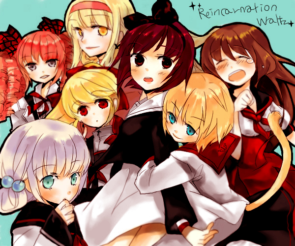 gwayo, gwayom, omyo, 6+girls, animal ears, blue eyes, blush, brown hair, closed eyes, covering own mouth, drill hair, hair ribbon, hairband, hand over mouth, hand over own mouth, hug, long hair, multiple girls, red eyes, ribbon, school uniform, serafuku, tail, tears