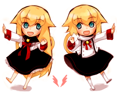 gwayo, gwayom, omyo, lowres, 2girls, animal ears, barefoot, blonde hair, blue eyes, chibi, long hair, multiple girls, short hair, tail