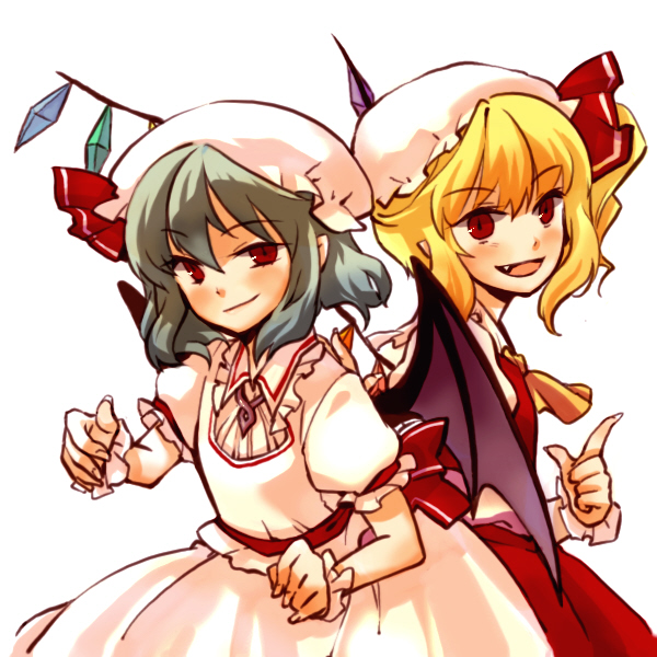 gwayo, gwayom, omyo, flandre scarlet, remilia scarlet, touhou, 2girls, bat wings, blonde hair, blue hair, fang, female focus, grey hair, hat, mob cap, multiple girls, ponytail, red eyes, short hair, siblings, side ponytail, sisters, wings