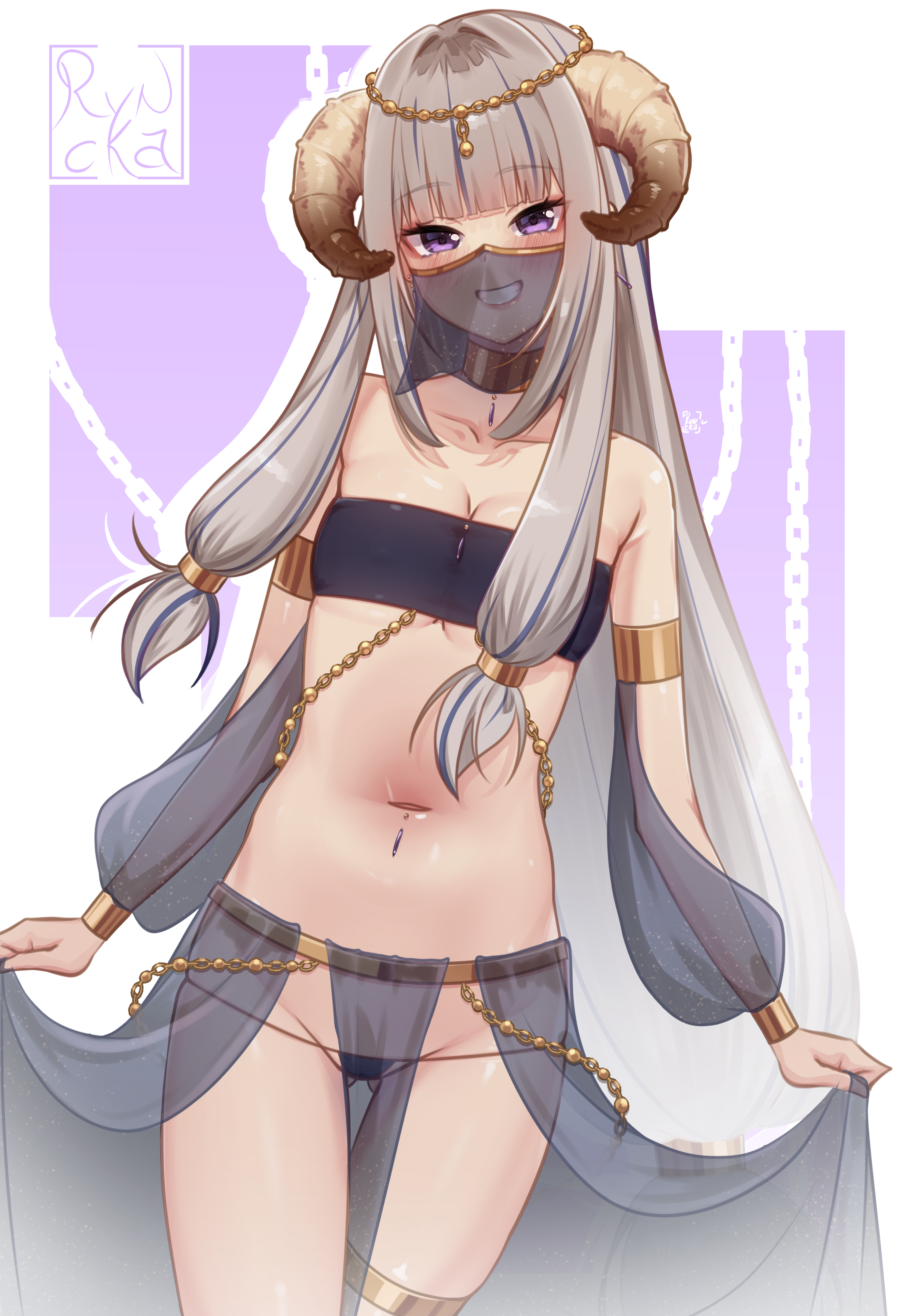 ryncka, aurora atria, lefolk, 1girl, arms at sides, artist name, bare shoulders, black panties, black tube top, blue hair, breasts, cameltoe, cape, collarbone, detached sleeves, eyelashes, feet out of frame, female focus, grey cape, grey hair, grey loincloth, grey sleeves, grey veil, grin, harem outfit, horns, loincloth, long hair, looking at viewer, low-tied sidelocks, lowleg, lowleg panties, midriff, mouth veil, multicolored hair, navel, panties, petite, pink eyes, purple background, revealing clothes, sheep girl, sheep horns, sidelocks, simple background, small breasts, smile, solo, standing, strapless, streaked hair, teeth, thigh gap, tube top, two-tone background, two-tone hair, underwear, veil, very long hair, virtual youtuber, waist cape, white background