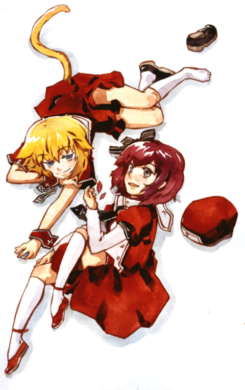 gwayo, gwayom, omyo, original, 2girls, animal ears, blonde hair, lying, multiple girls, red hair, school uniform, serafuku, shoes, short hair, single shoe, socks, tail