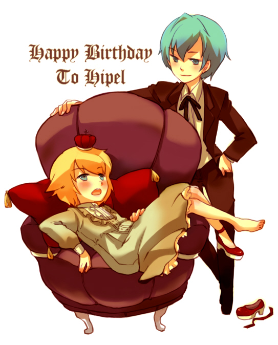 gwayo, gwayom, omyo, original, 1boy, 1girl, barefoot, blonde hair, blue eyes, blush, butler, crown, feet, hat, lying, shoes, short hair, simple background, single shoe, sitting, top hat, white background