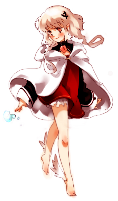 gwayo, gwayom, omyo, 1girl, barefoot, cape, cloak, feet, female focus, long hair, magic, orange eyes, pointy ears, simple background, smile, solo, white background, white hair, wings