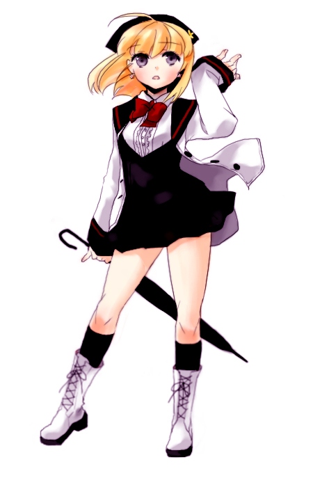 gwayo, gwayom, omyo, 1girl, blonde hair, boots, female focus, hat, purple eyes, short hair, simple background, socks, solo, umbrella, white background