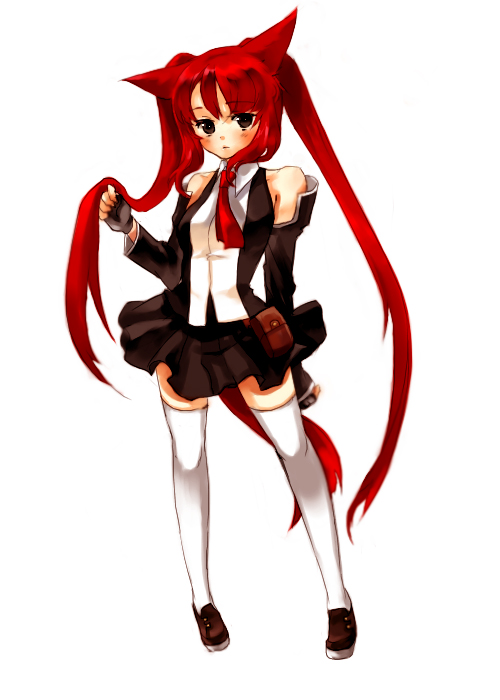 gwayo, gwayom, omyo, 1girl, animal ears, black eyes, blush, detached sleeves, female focus, fingerless gloves, gloves, long hair, necktie, red hair, simple background, solo, square-end necktie, tail, thighhighs, twintails, white background