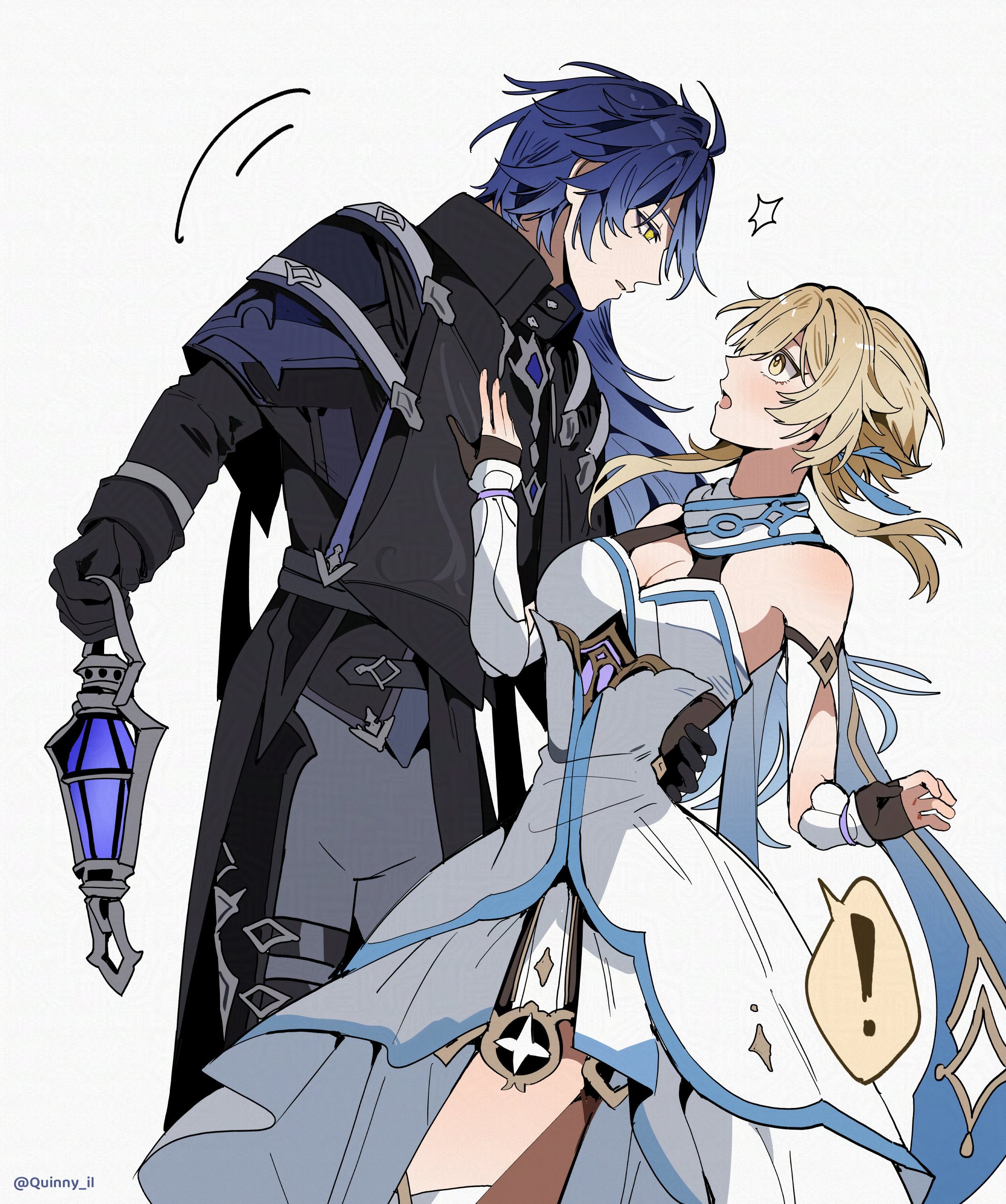 quinny il, flins (genshin impact), lumine (genshin impact), genshin impact, commentary, english commentary, highres, 1boy, 1girl, ahoge, bags under eyes, bare shoulders, black coat, black gloves, blonde hair, blue hair, blush, breasts, carrying, cleavage, coat, collared coat, couple, dress, from side, gloves, gradient hair, grey background, grey pants, hair between eyes, hand on another's chest, hand on another's waist, hetero, holding, holding lantern, huge ahoge, lantern, leaning forward, long hair, long sleeves, looking at another, looking down, looking up, medium breasts, multicolored hair, orange eyes, pants, scarf, shade, short hair, simple background, sleeveless, sleeveless dress, standing, upper body, white dress, white scarf, yellow eyes