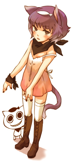 gwayo, gwayom, omyo, 1girl, animal ears, bandana, black nails, boots, brown eyes, cat, chemise, female focus, nail polish, purple hair, short hair, simple background, solo, strap slip, tail, thighhighs, white background