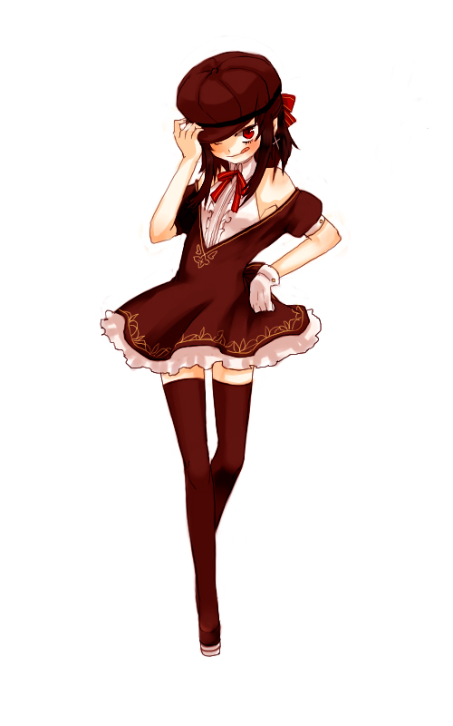 gwayo, gwayom, omyo, 1girl, :p, brown hair, dress, female focus, gloves, hat, long hair, red eyes, simple background, solo, thighhighs, tongue, tongue out, white background